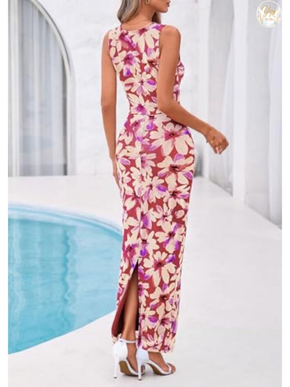 Sleeveless Ruched Bodycon Maxi Dress Women Formal Floral Mesh Long Dress - Picture 3 of 6